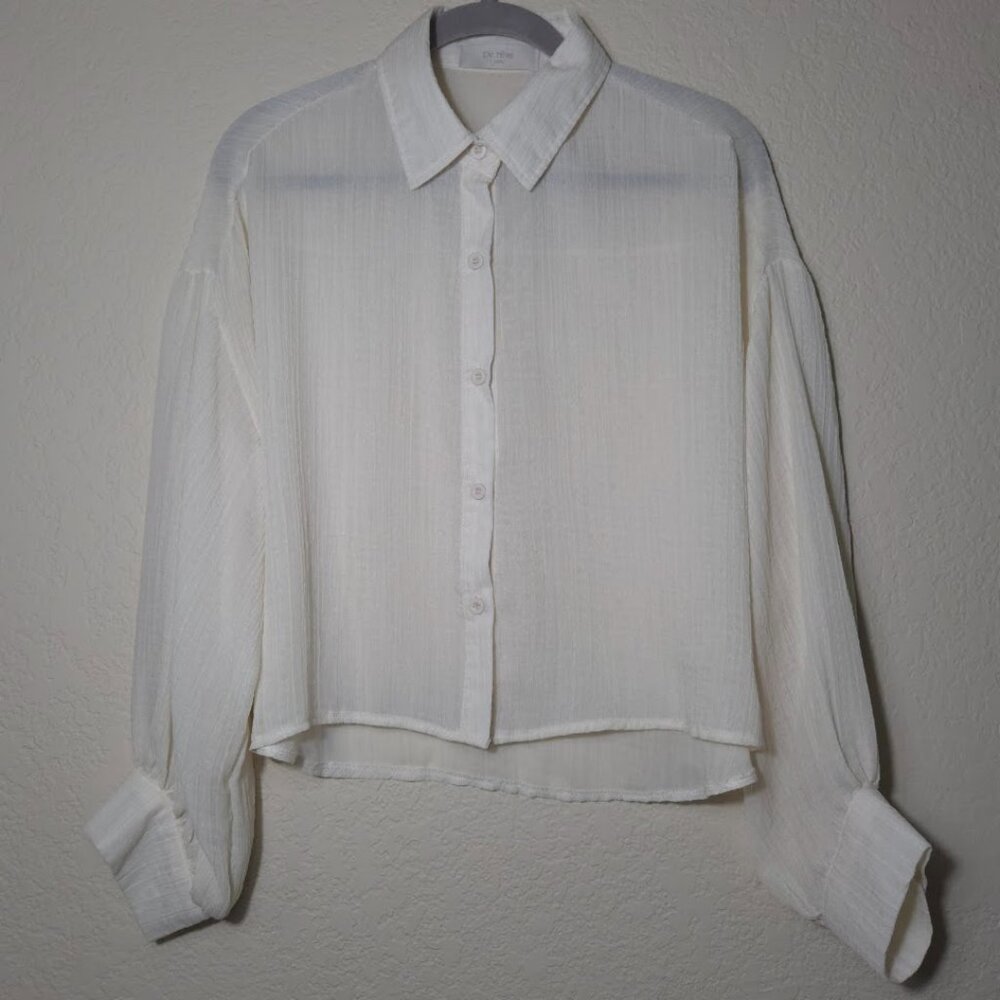 De Rêve Cream Sheer Striped Button Down Blouse